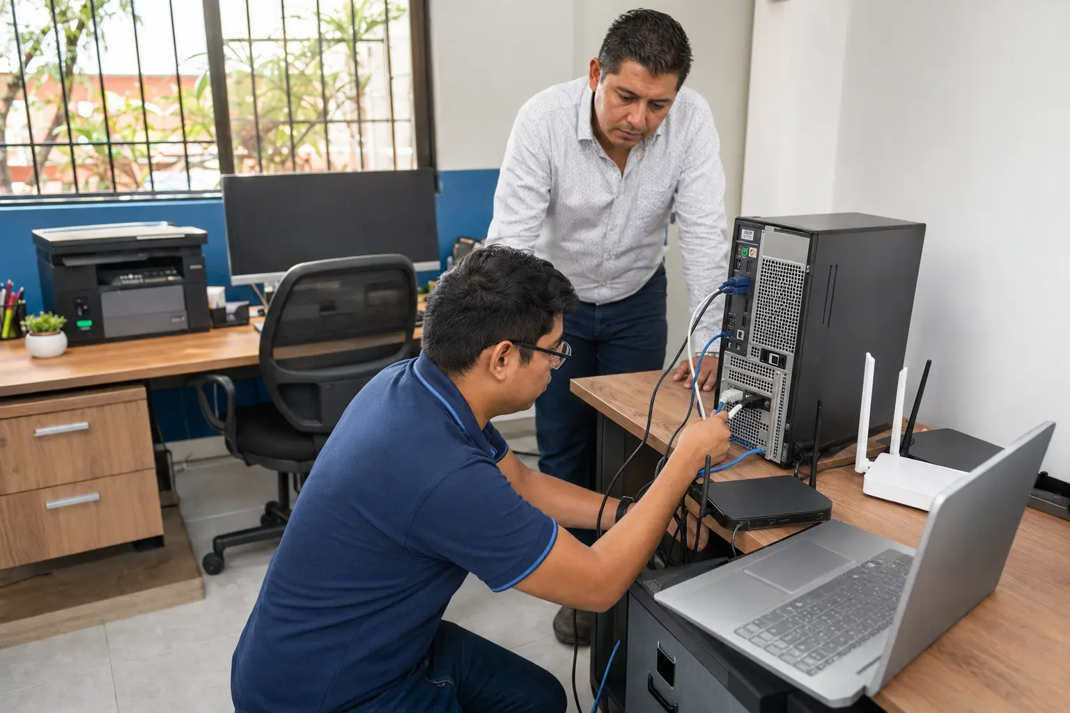 Técnico revisando conexiones de una computadora en una oficina.